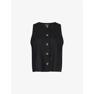 Me And Em And Em Womens Round-neck Button-through Linen-blend Top Black