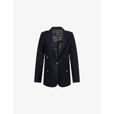 Me And Em And Em Womens Navy Sharp-shoulder Wool-blend Blazer In Blue