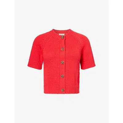 Me And Em And Em Womens Lipstick Red Short-sleeve Chunky-knitted Cotton Cardigan Xs