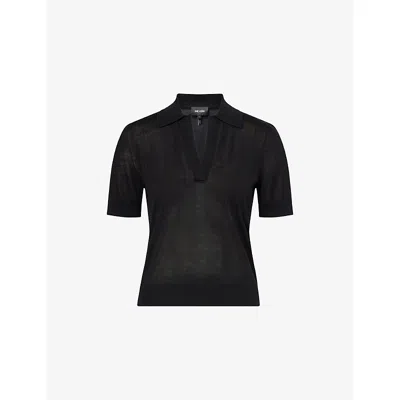 Me And Em Womens  Slim-fit Polo-collar Silk-knit Top In Black