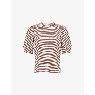 Me And Em And Em Womens Cinnamon Brown/light Striped Pouf-sleeve Cotton-knitted Top