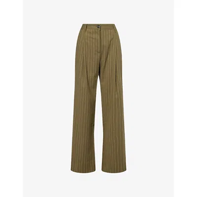 Me And Em And Em Womens Olive Striped Tapered-leg Stretch-woven Trousers In Green