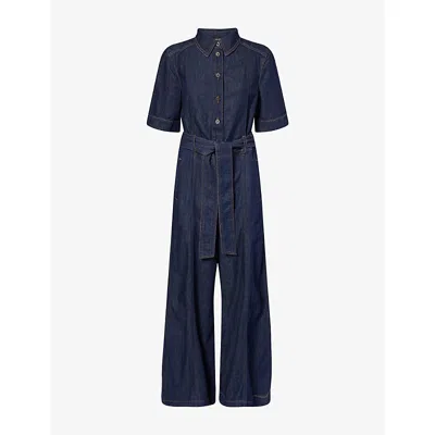Me And Em And Em Womens Rinse Wash Wide-leg Relaxed Belted Cotton Jumpsuit In Blue