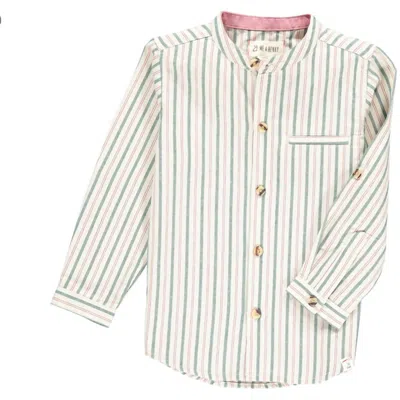 Me & Henry Kids' Boy's Atoka Round Collar Woven Long Sleeve Shirt In Green, Red & Cream Stripe In Multi