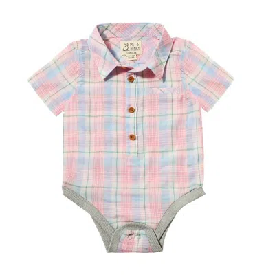Me & Henry Kids' Boy's Helford Woven Onesie In Pink & Blue Plaid