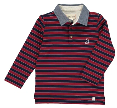 Me & Henry Kids' Boy's Waverly Long Sleeve Polo Shirt With Chambray Collar In Wine & Navy In Burgundy
