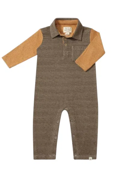 Me & Henry Kids Striped Cotton Polo Romper In Brown
