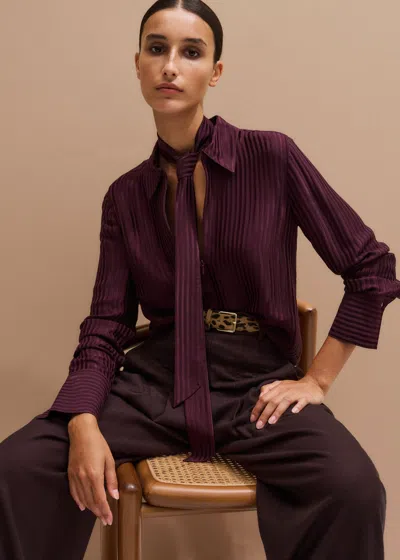 Me+em Am-pm Stripe Fluid Satin Shirt + Tie Merlot In Burgundy