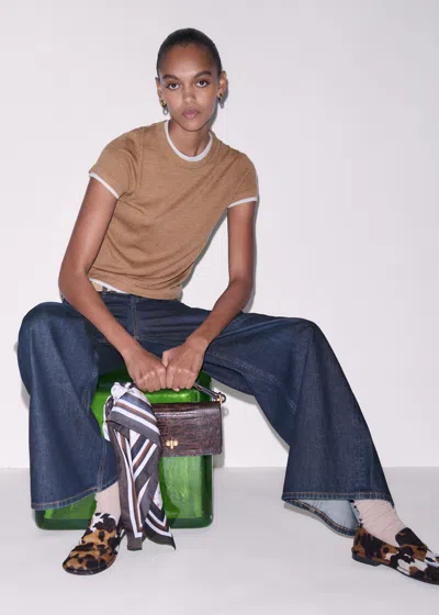 Me+em Barely There Contrast Trim Knit Baby Tee Camel Melange/soft White In Blue