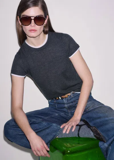 Me+em Barely There Contrast Trim Knit Baby Tee Charcoal/soft White In Blue