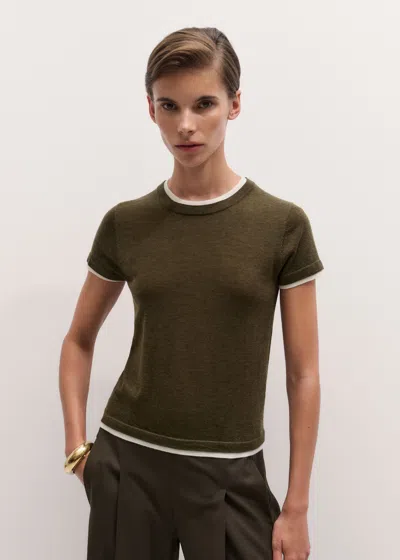 Me+em Barely There Contrast Trim Knit Baby Tee Rich Olive-soft White In Multi
