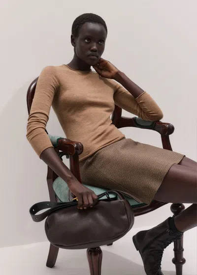 Me+em Barely There Jersey Stitch Crew Neck Dark Camel Melange In Brown