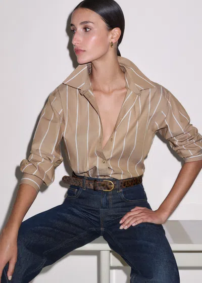Me+em Bold Stripe Boyfriend Shirt Tan-off White In Neutral