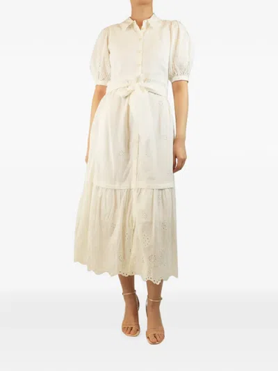 Pre-owned Me+em Broderie Puff-sleeve Midi Dress In White