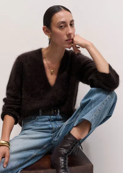 Me+em Brushed Cashmere Relaxed V Neck Jumper Dark Chocolate Brown