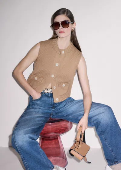 Me+em Button Through Straight Vest Tan In Brown