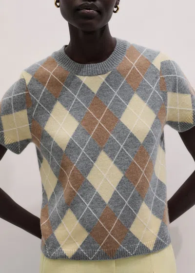 Me+em Cashmere Argyle Baby Tee Dusted Lemon Yellow Multi In Gray