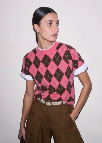 Me+em Cashmere Argyle Knit Baby Tee Rhubarb Pink/chestnut Brown/grey Melange