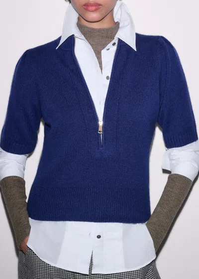 Me+em Cashmere Zip Neck Pouf Sleeve Knit Tee Jewel Blue