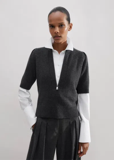 Me+em Cashmere Zip Neck Pouf Sleeve Tee In Dark Charcoal Mélange