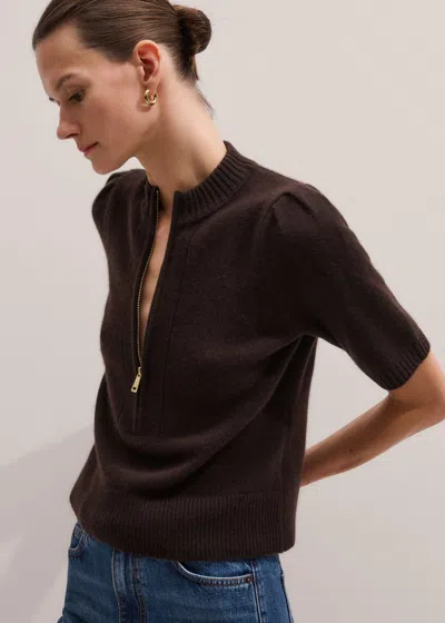 Me+em Cashmere Zip Neck Pouf Sleeve Tee Ganache Brown
