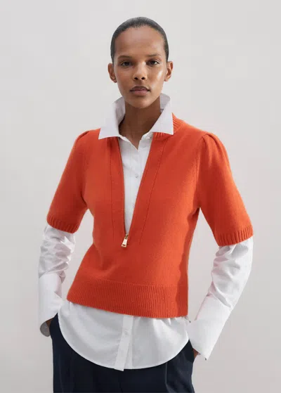 Me+em Cashmere Zip Neck Pouf Sleeve Tee In Orange Spice