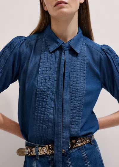 Me+em Chambray Pintucked Short Sleeve Blouse + Tie Chambray Blue