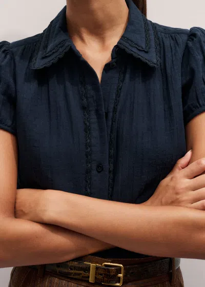 Me+em Cheesecloth Cap-sleeve Blouse Navy In Blue