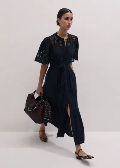 Me+em Cheesecloth Embroidered Maxi Dress + Belt Navy In Blue