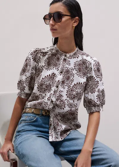 Me+em Cheesecloth In-full-bloom Print Straight Blouse Soft White/brown In Multi