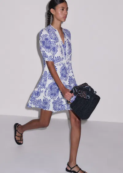 Me+em Cheesecloth In Full Bloom Print Swing Short Dress In Blue
