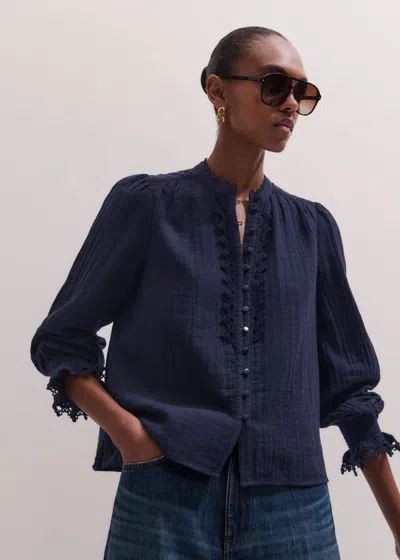 Me+em Cheesecloth Intricate Detail Blouse Navy In Blue