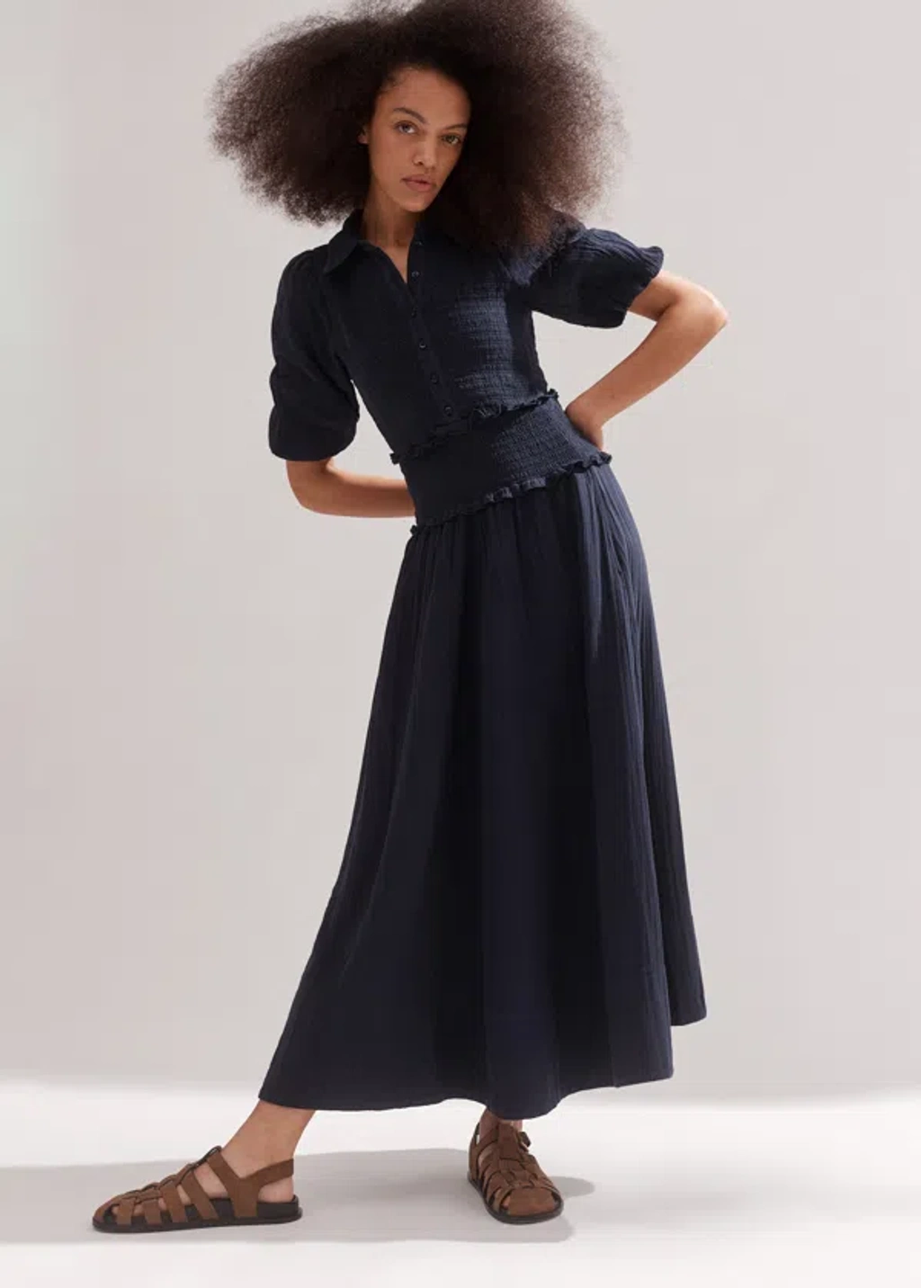 Me+em Cheesecloth Shirred Maxi Shirt Dress In Navy | ModeSens