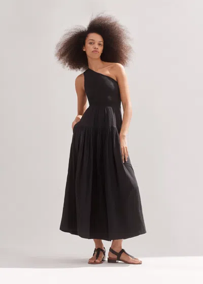 Me+em Cheesecloth Shirred One Shoulder Maxi Dress In Black