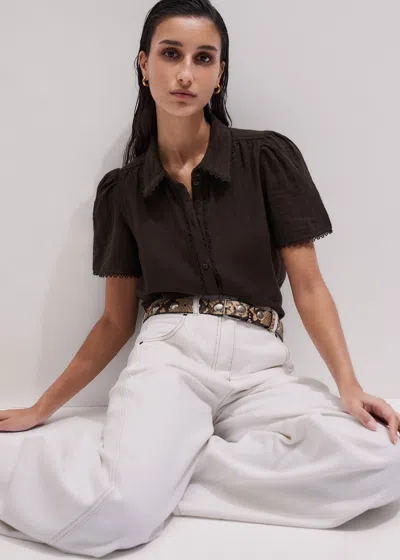 Me+em Cheesecloth Trim Detail Blouse Ganache Brown In Black