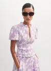 Me+em Cheesecloth Tulip Print Shirred Zip Top In Soft White/sherbet Lilac