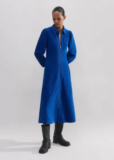 Me+em Cord Velour + Ponte Midi Shirt Dress In Deep Sapphire Blue