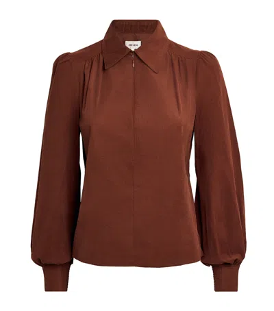 Me+em Corduroy Zip-neck Blouse In Brown