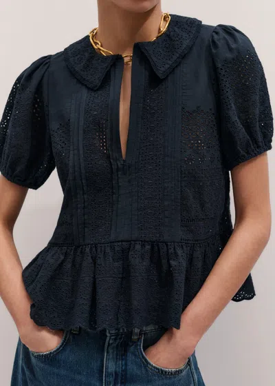 Me+em Cotton Broderie Boxy Peplum Top Navy In Blue