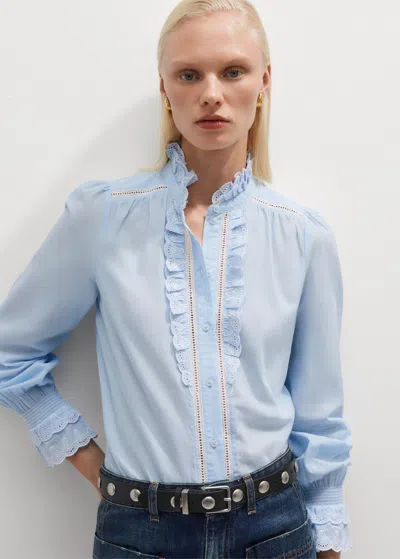 Me+em Cotton Broderie Trim Detail Blouse In Chambray Blue