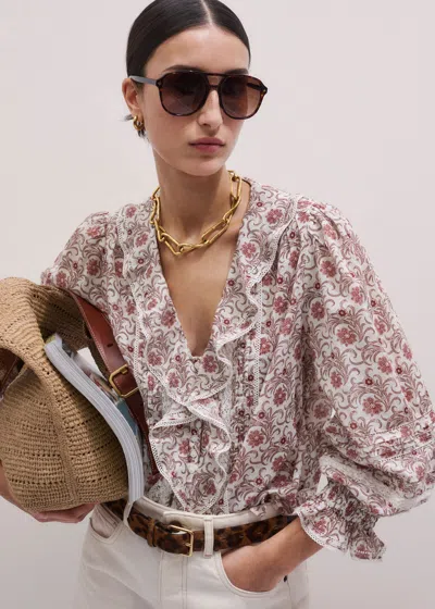 Me+em Cotton In Bloom Print Ruffle Blouse Light Cream-multi