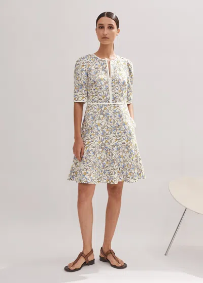 Me+em Cotton Jacquard Floral Print Fit And Flare Dress In Light Cream/blue/yellow