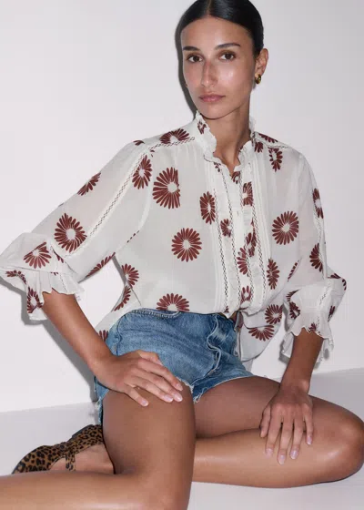 Me+em Cotton Modern Daisy Print Blouse Light Cream-cinnamon Brown In Multi