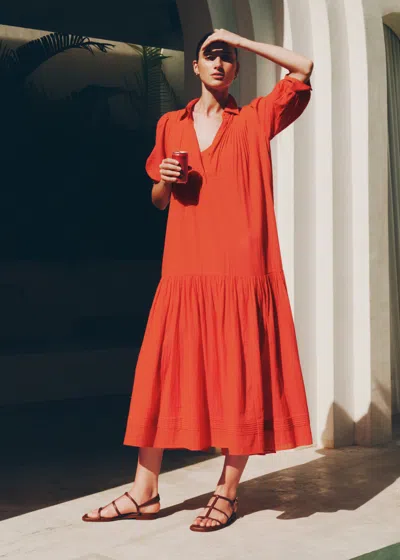 Me+em Cotton Pin Tuck Swing Maxi Dress With Slip + Tie Poppy Orange In Red