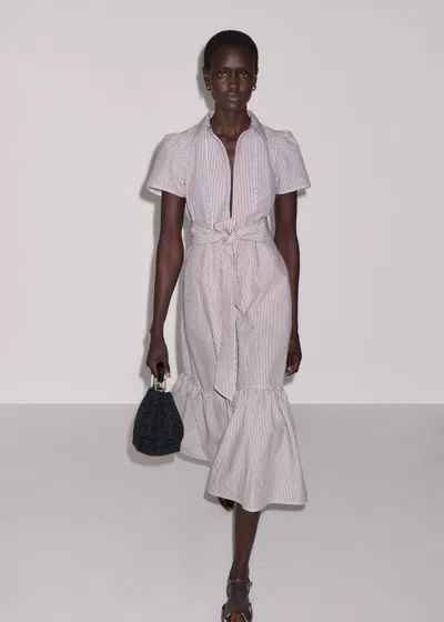 Me+em Cotton Seersucker Stripe Fit And Flare Midi Dress + Tie Brown-white In Neutral