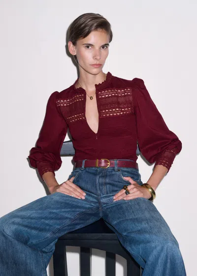 Me+em Cotton Shirred Lace Trim Top Barolo Red