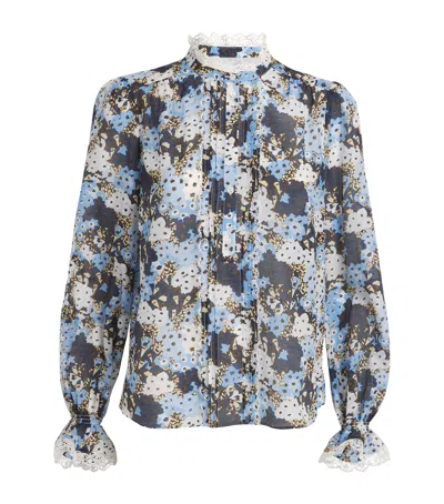 Me+em Cotton-silk Meadow Print Blouse In Blue