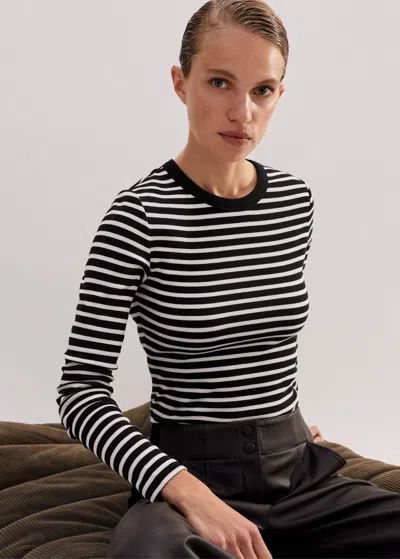 Me+em Cotton Stripe Rib Long Sleeve Top In Black/soft White