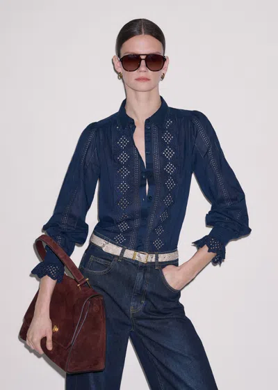Me+em Cotton Voile Broderie Detail Shirt Bright Navy In Blue
