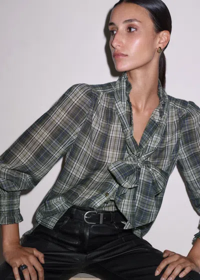 Me+em Cotton Voile Check Long Sleeve Blouse + Tie Green Multi